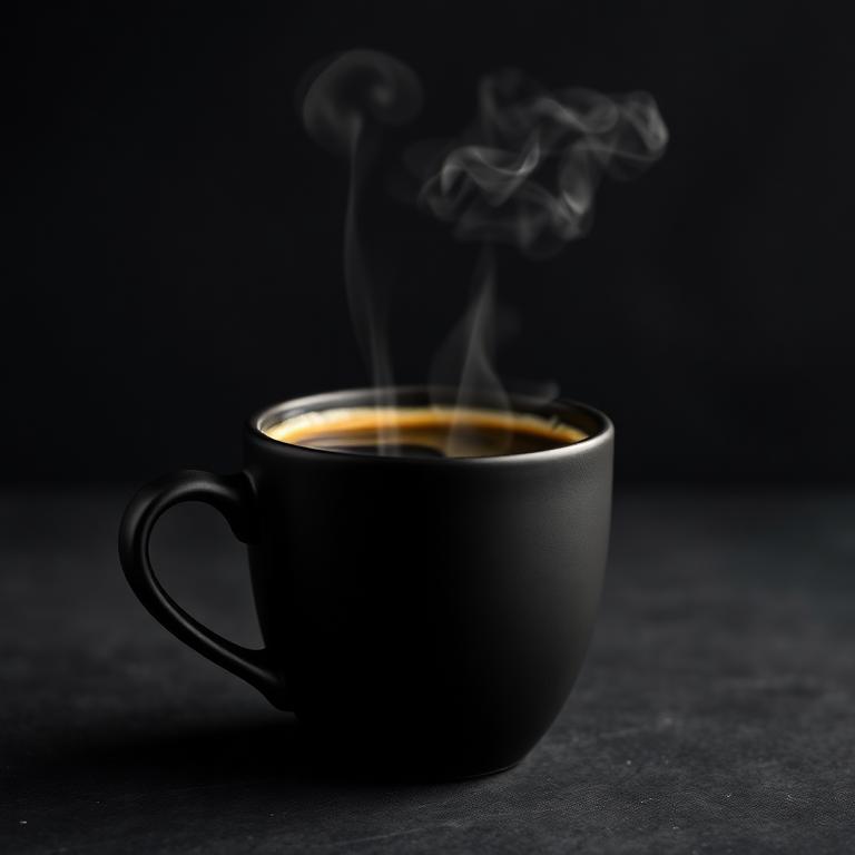 Black americano in a matte black cup with steam