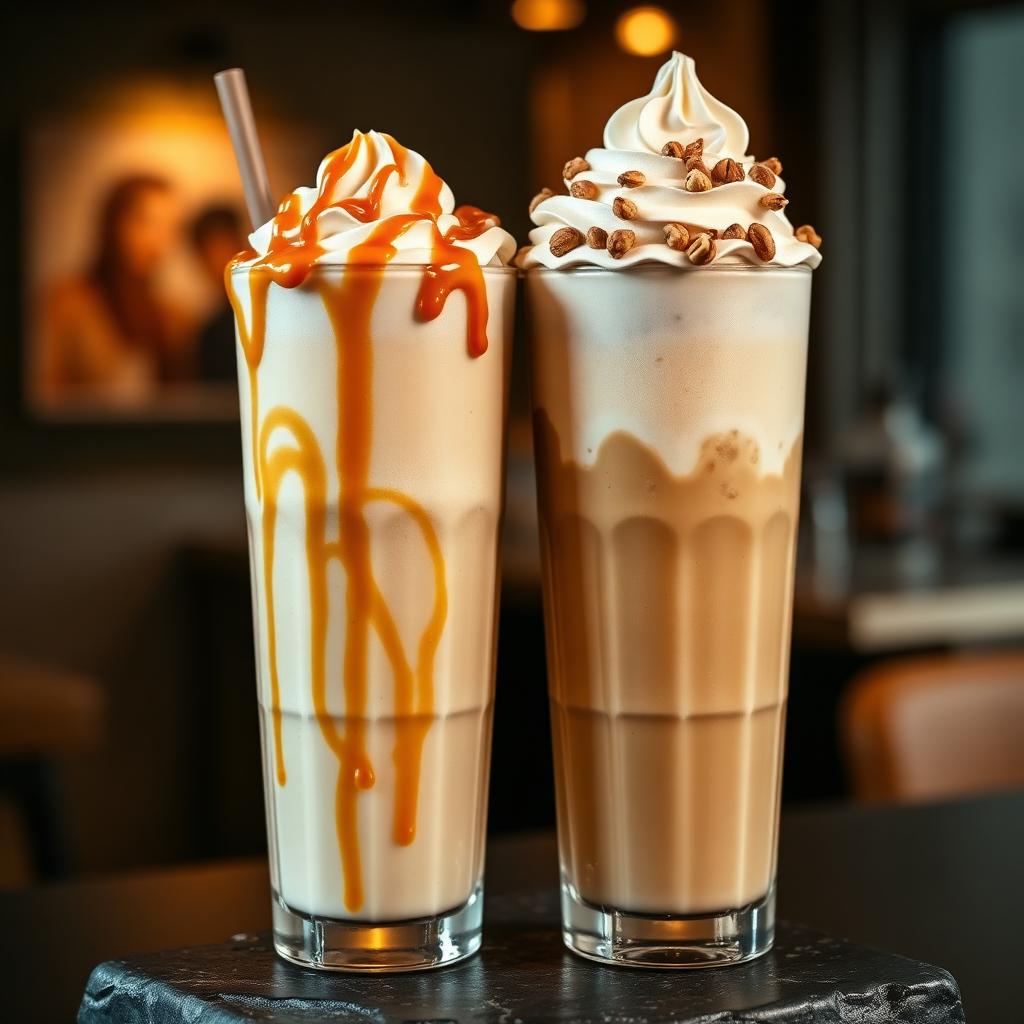 Caramel frappe and hazelnut frappe side by side