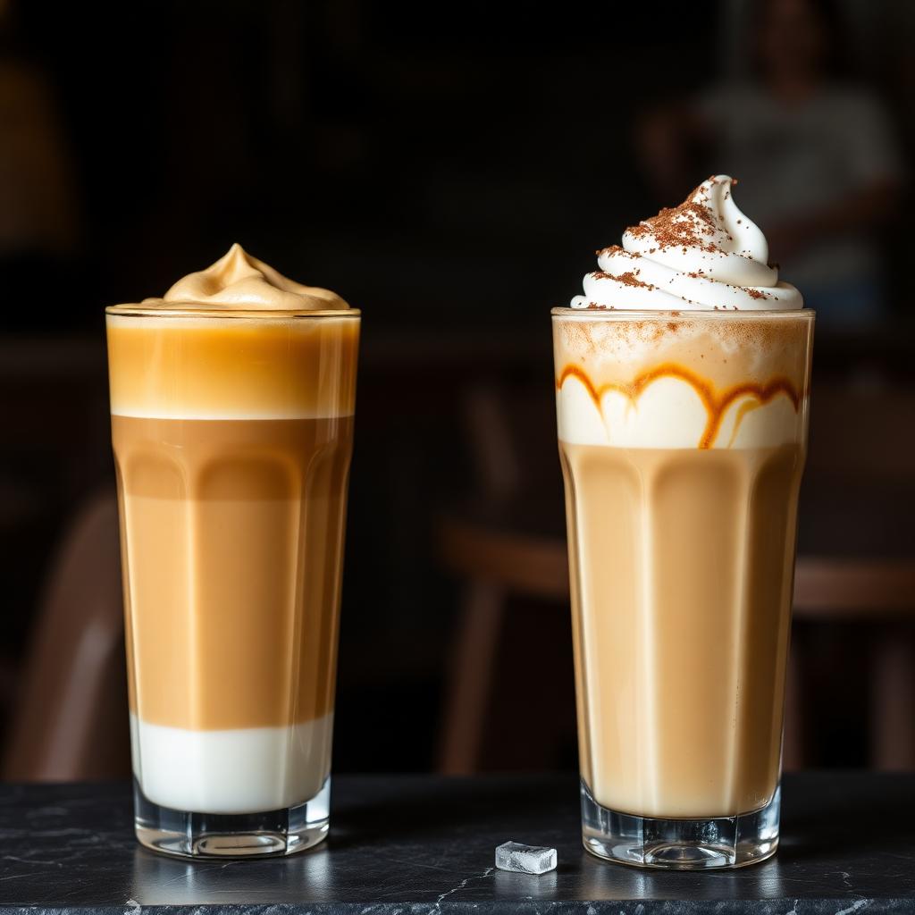 Iced spanish latte and iced tiramisu latte side by side
