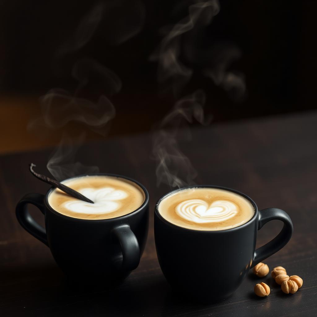 Vanilla latte and hazelnut latte in black cups