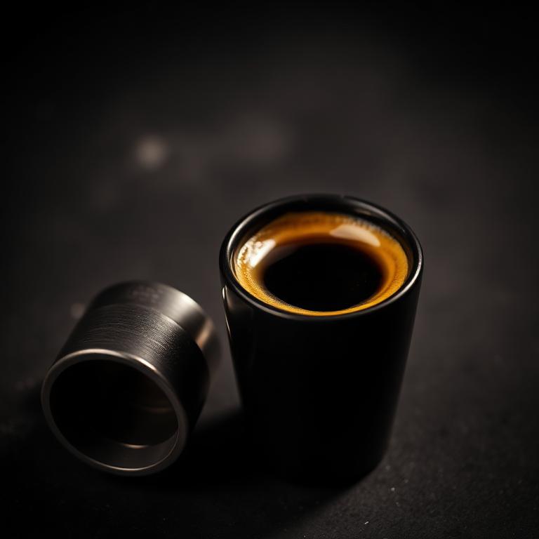 Espresso shot in a black demitasse with golden crema