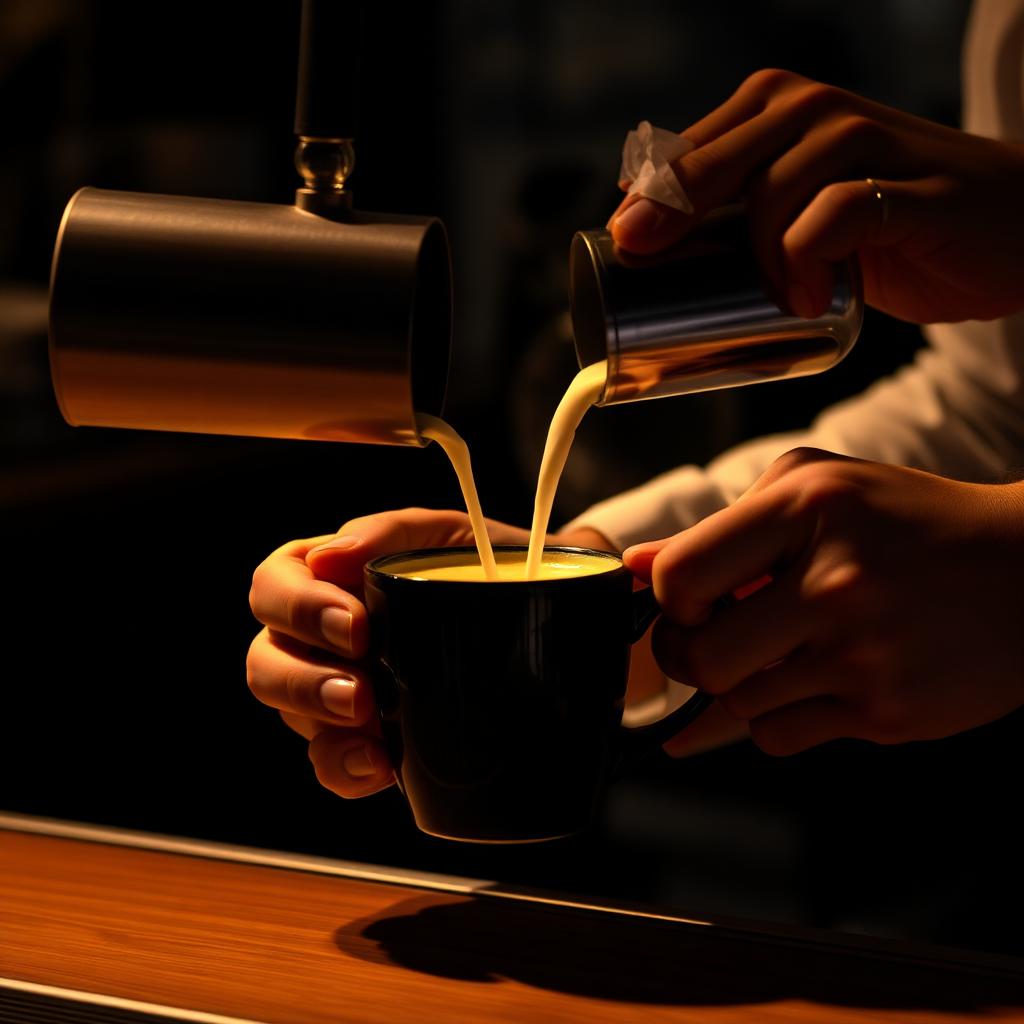 Barista pouring milk into a black cup