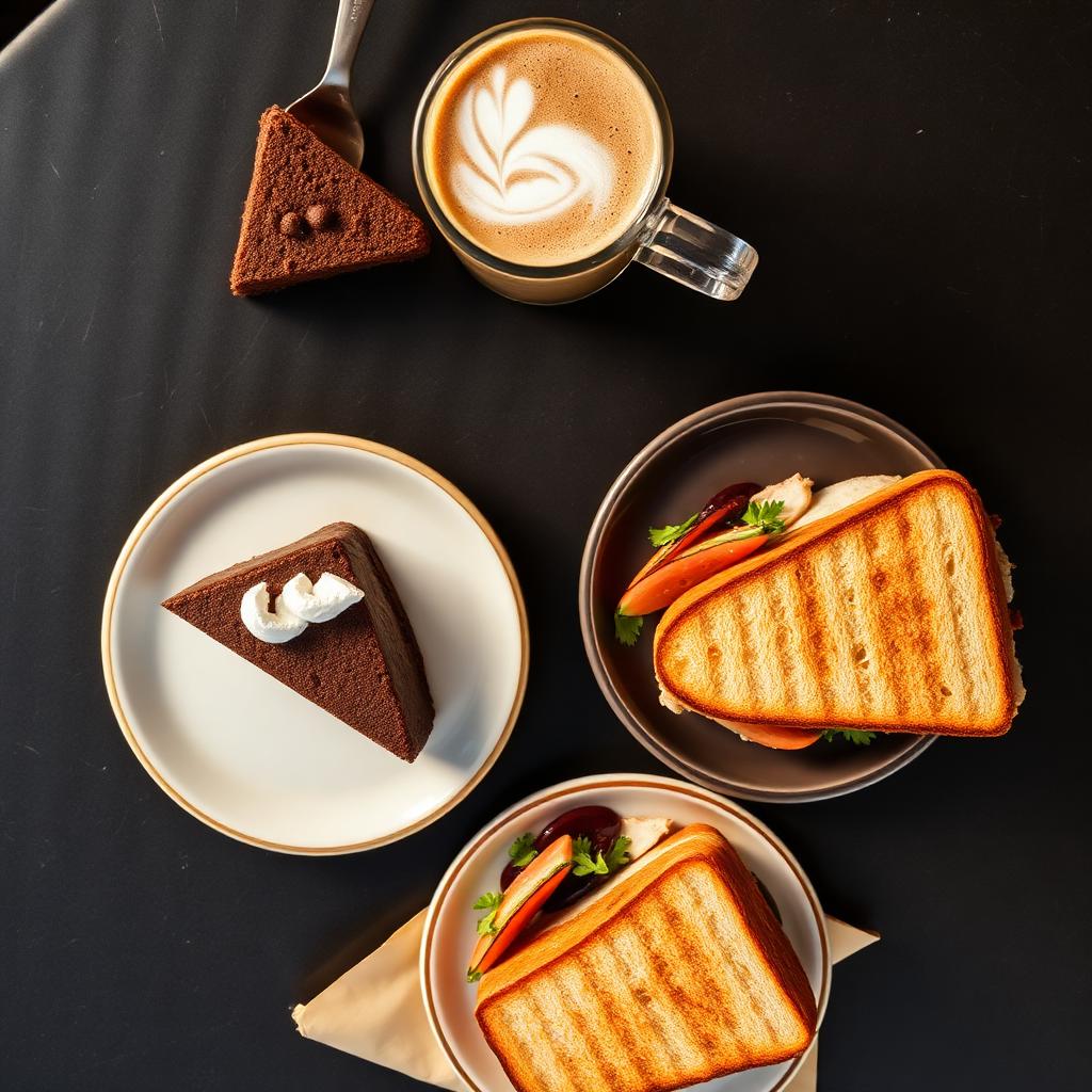 Flat lay of cake, latte and grilled sandwiches