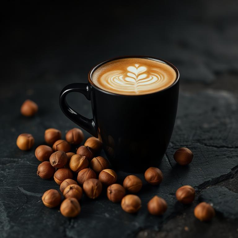 Hot hazelnut latte with hazelnuts on dark stone