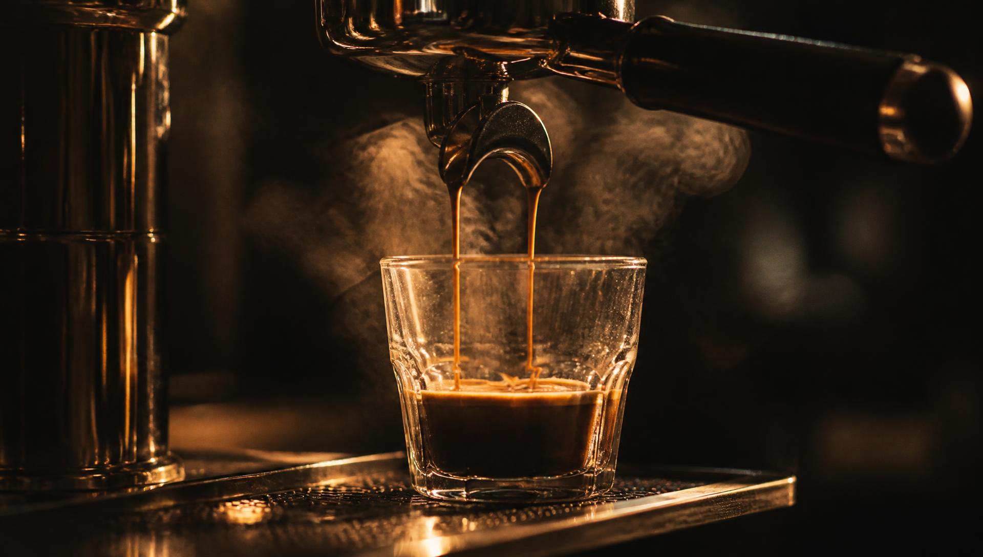 Espresso pouring into a glass under warm golden light at Caffeination by I Desire