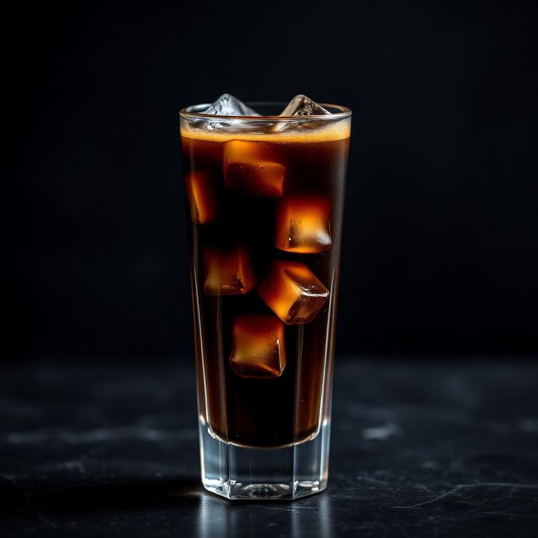 Iced americano in a tall glass over clear ice