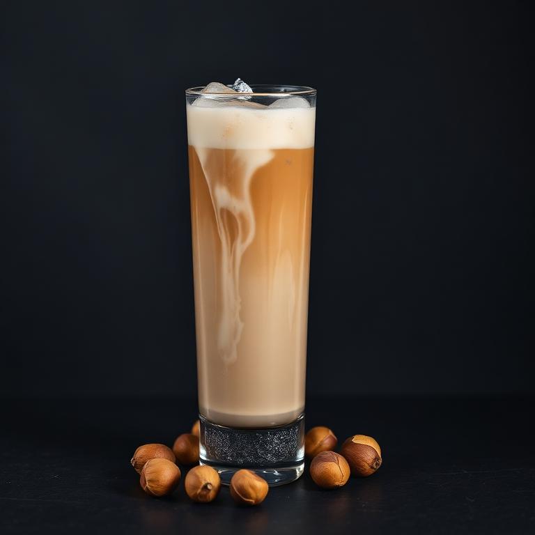 Iced hazelnut latte with hazelnuts beside the glass
