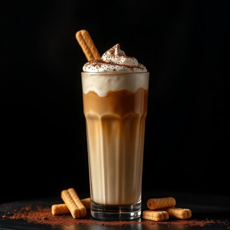 Iced tiramisu latte topped with cream and cocoa