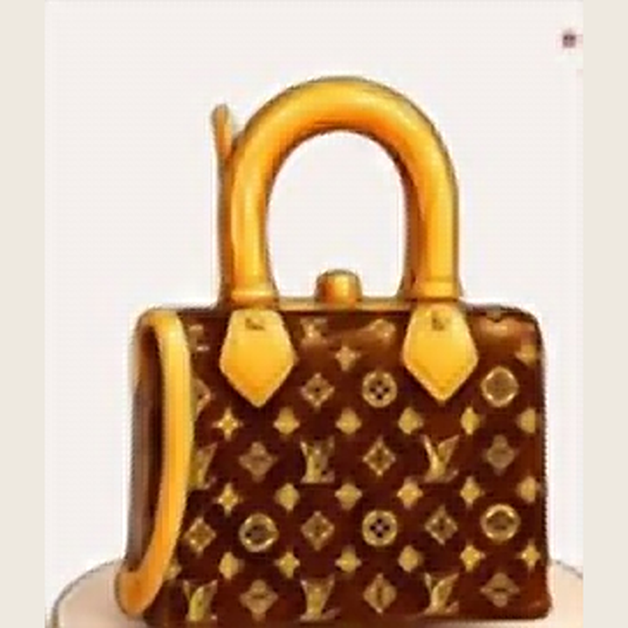 Dark brown monogram designer handbag-shaped cake inspired by Louis Vuitton