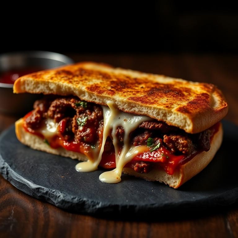 Grilled beef sandwich with melted mozzarella pull
