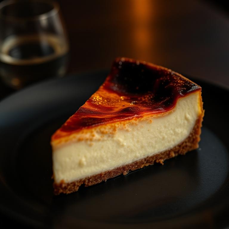 Burnt basque cheesecake slice on a dark plate